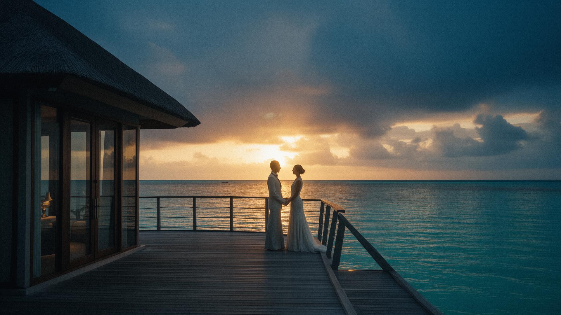 Couple on a Maldives overwater villa at sunset